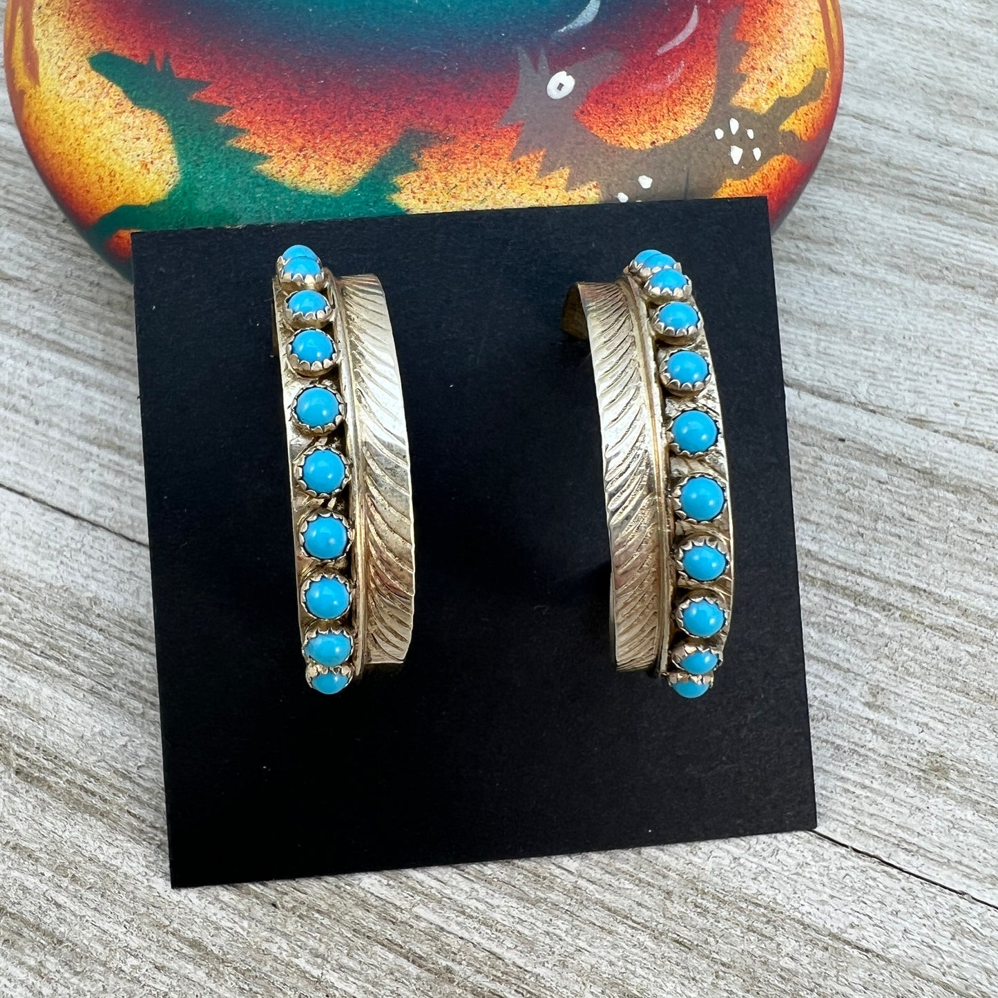 Blue Turquoise Dot, Snake Eye, Navajo feather hoop earrings, Sterling silver