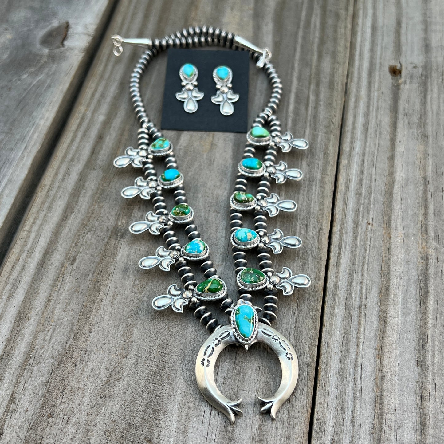 Sonoran Green Turquoise Small Squash Blossom Necklace Adrienne Gordon Navajo 515