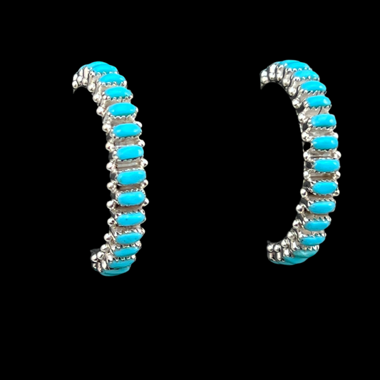 Turquoise 1 1/4" narrow turquoise zuni hoop earrings sterling silver Bernard Cachini