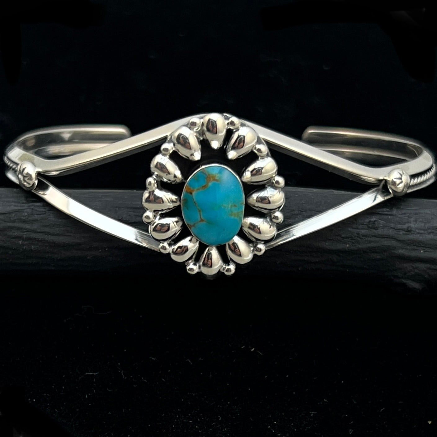 6 1/2" Stamped Navajo sterling silver turquoise cuff bracelet BR60