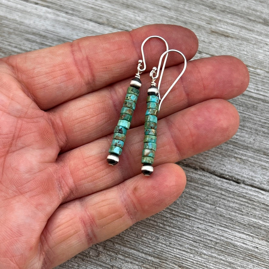 Turquoise Heishi Sterling Silver Oxidized Pearl Earrings, Southwest Silver beads, Simple Style