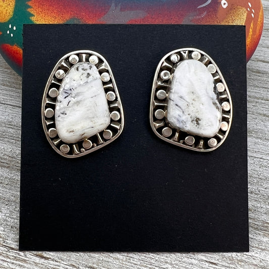 White Buffalo Stone Sterling silver post stud earrings, Navajo Sharon McCarthy