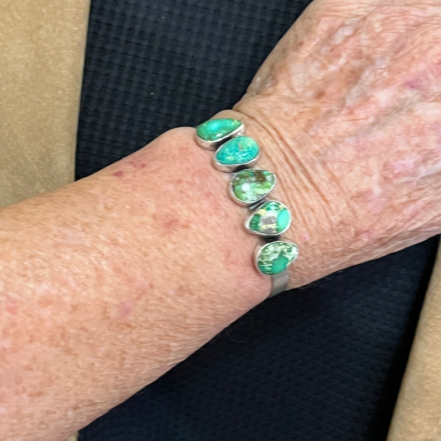 6 1/4" Sonoran Gold Turquoise Cuff Bracelet Sterling silver Navajo Tom Lewis boho