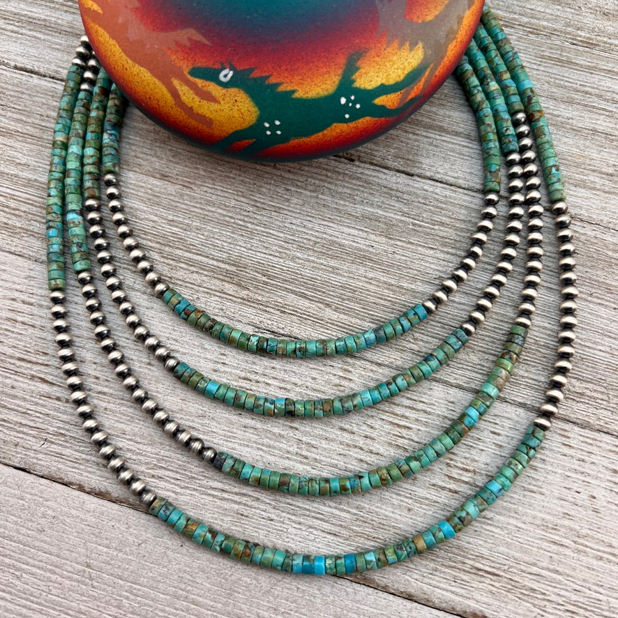 4mm Kingman Turquoise Heishi Necklace with Sterling silver Oxidized Pearls, Southwest Western Jewelry