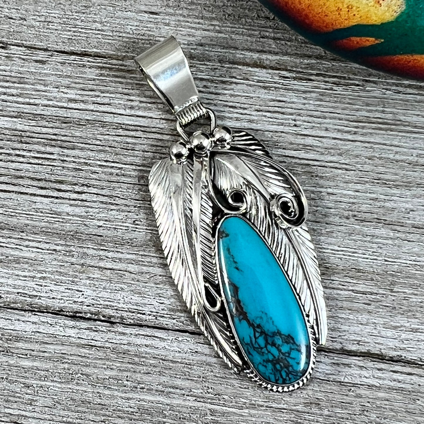 Blue Kingman turquoise with matrix pendant #2, Navajo handmade Davey Morgan, sterling silver