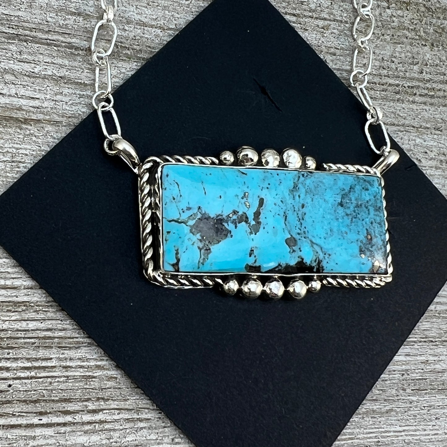 Light Blue Kingman turquoise rectangle bar necklace, #4 Navajo handmade Gilbert Smith, sterling silver
