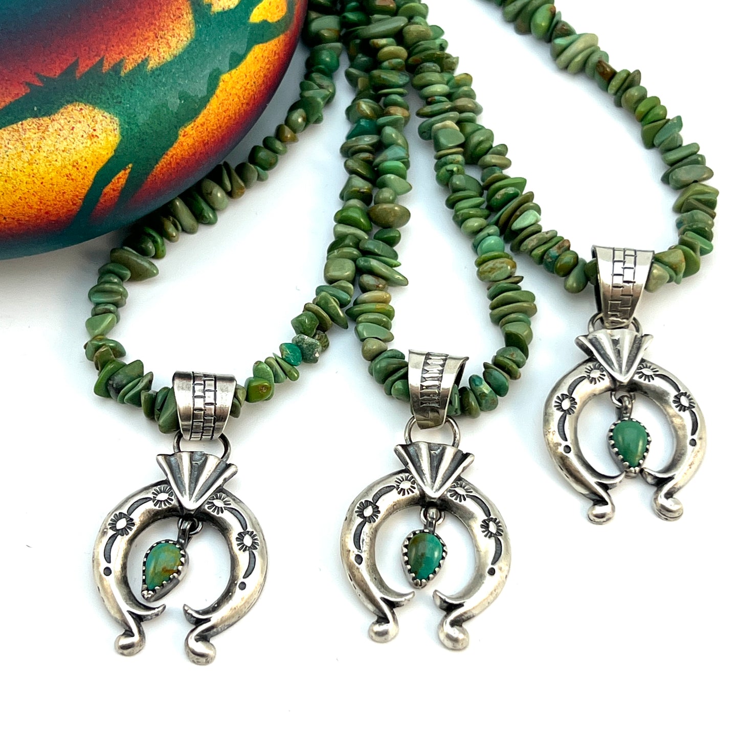 17" green turquoise nugget necklace Sterling silver naja pendant Navajo Sharon McCarthy 643