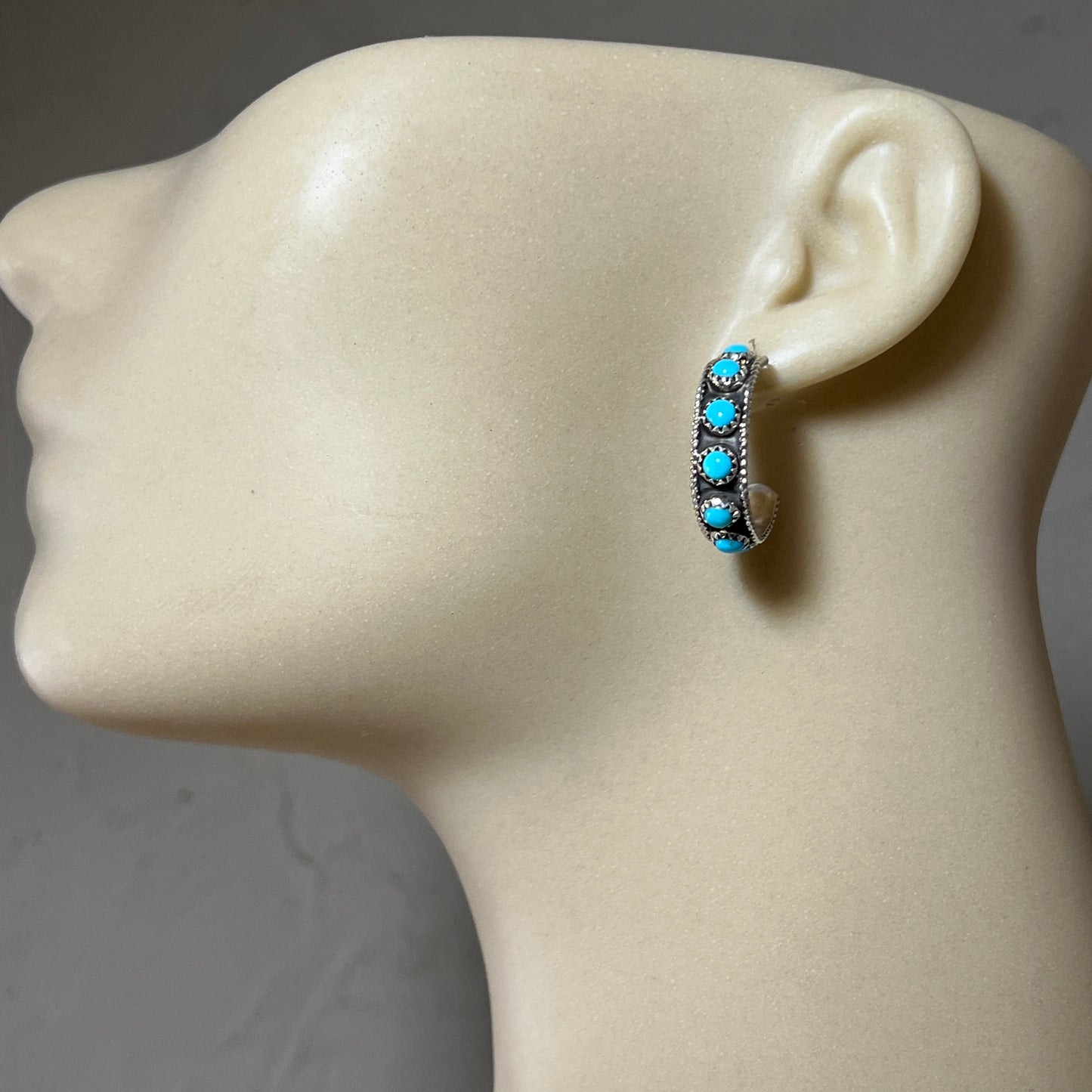 Turquoise snake eye dot 1" hoop earrings sterling silver Falencia Yazzie Navajo 711