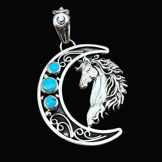 Blue turquoise horse moon pendant sterling silver Jennifer Cayaditto Navajo 823