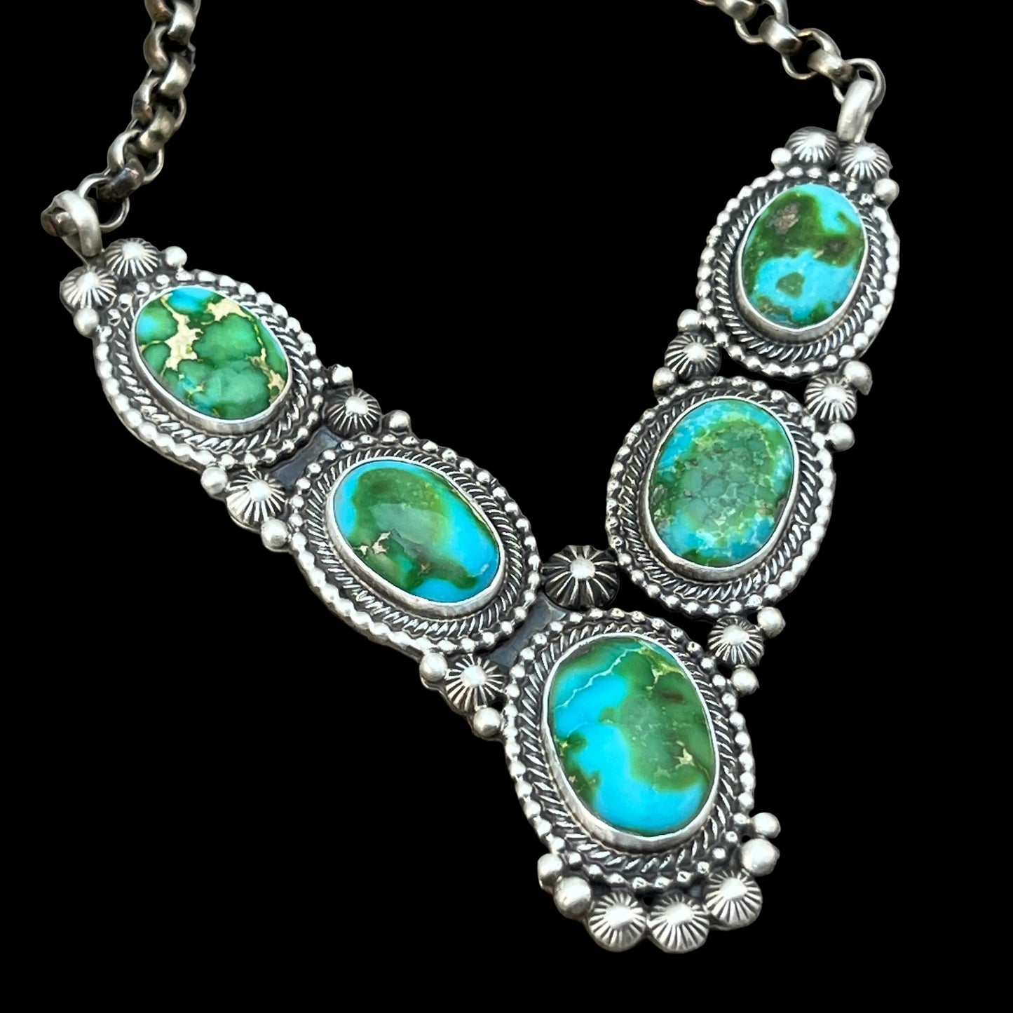 18" Polychrome Sonoran Turquoise Heavy Necklace Sterling Silver Tom Lewis Navajo 840