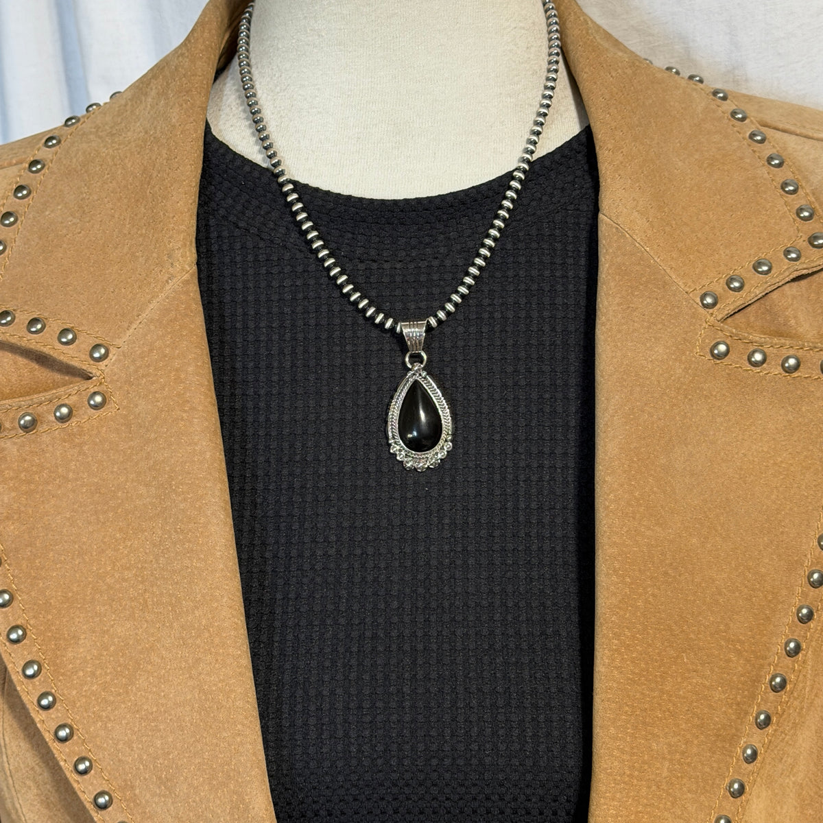 Black onyx teardrop pendant Sterling Silver Daniel Benally Navajo