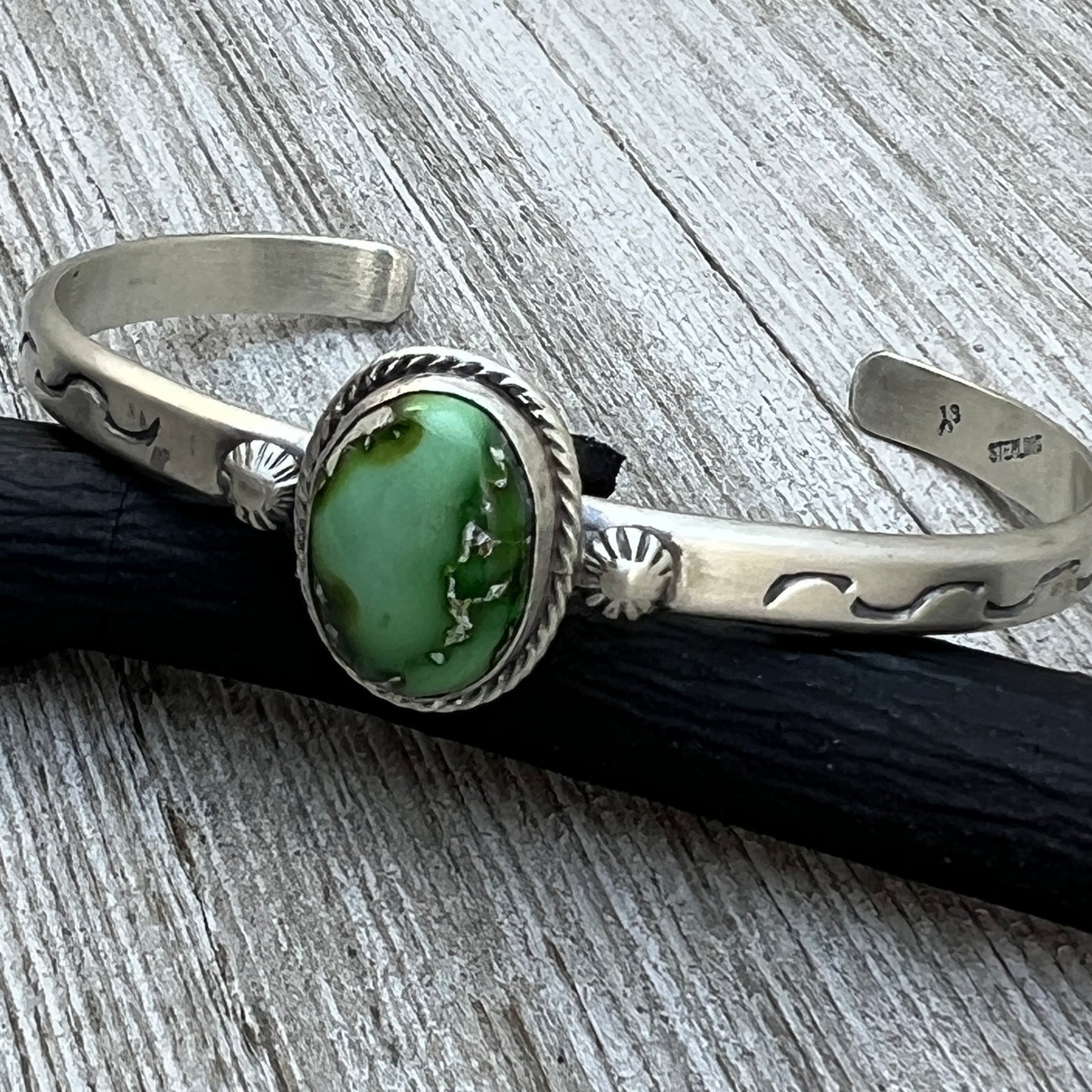 6.75" Green Sonoran Gold turquoise Cuff Bracelet, Sterling Silver Navajo Samuel Yellowhair