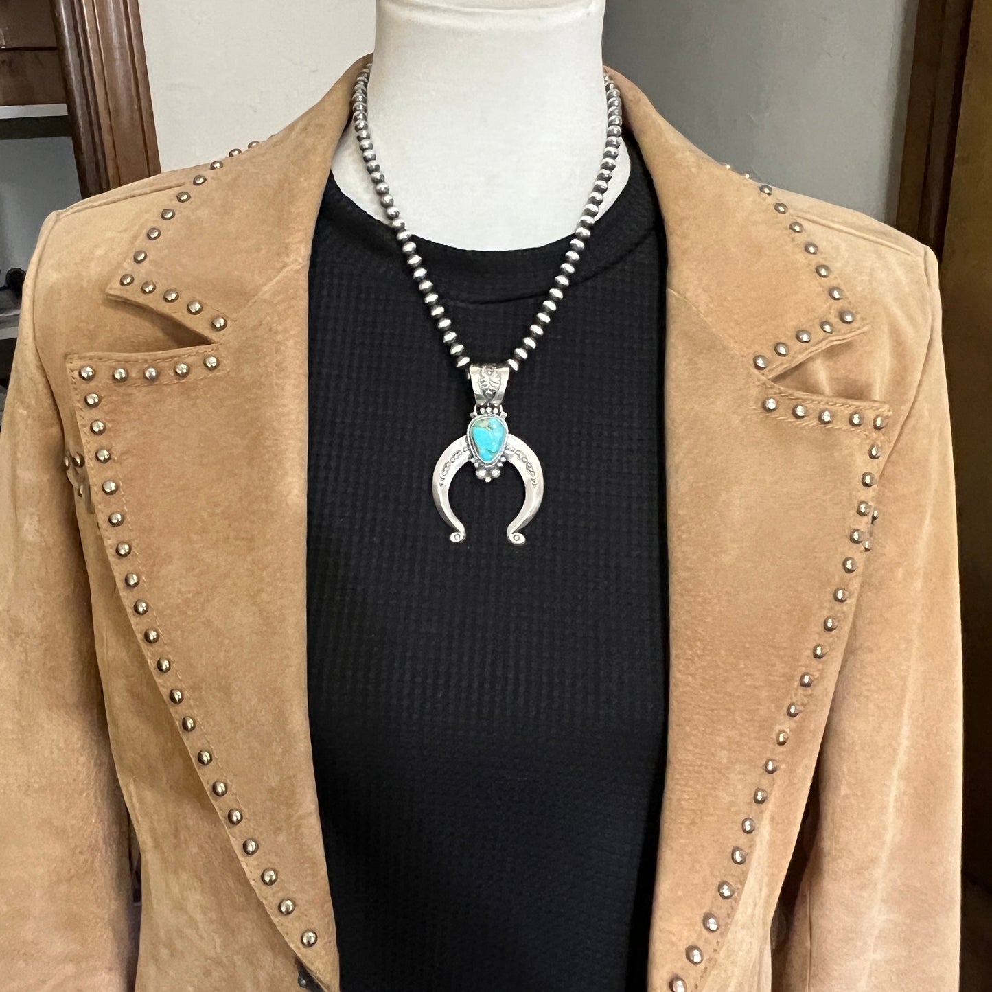 18" Sonoran Gold Turquoise Naja Necklace 6mm Sterling silver beads Samuel Yellowhair 477