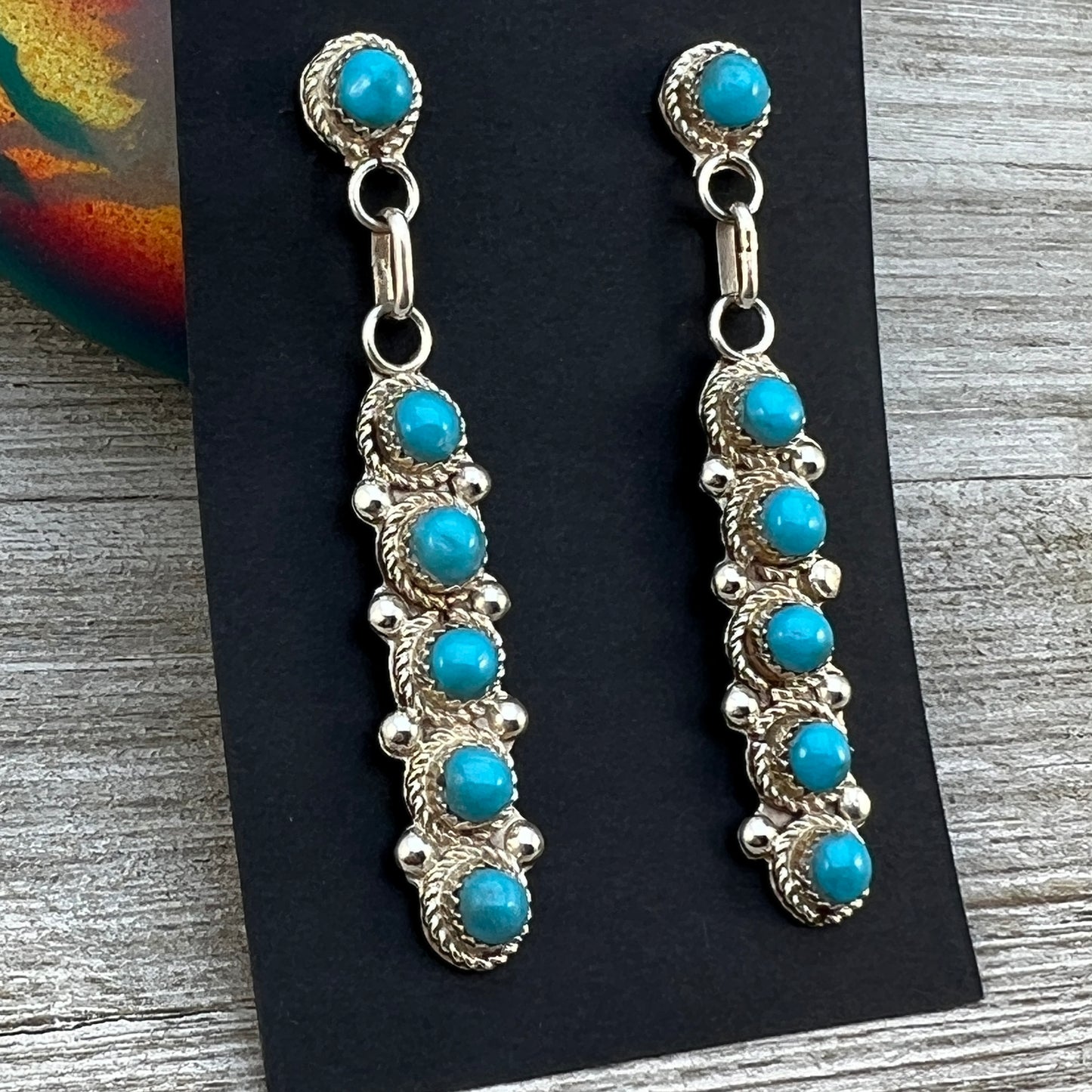 Turquoise Zuni Large Snake Eye bar drop earrings #2, Sterling silver