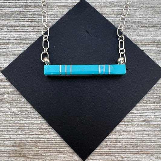 Blue Kingman Turquoise Bar Necklace 5, Zuni MaDerral Kallestewa sterling silver 18 1/2"