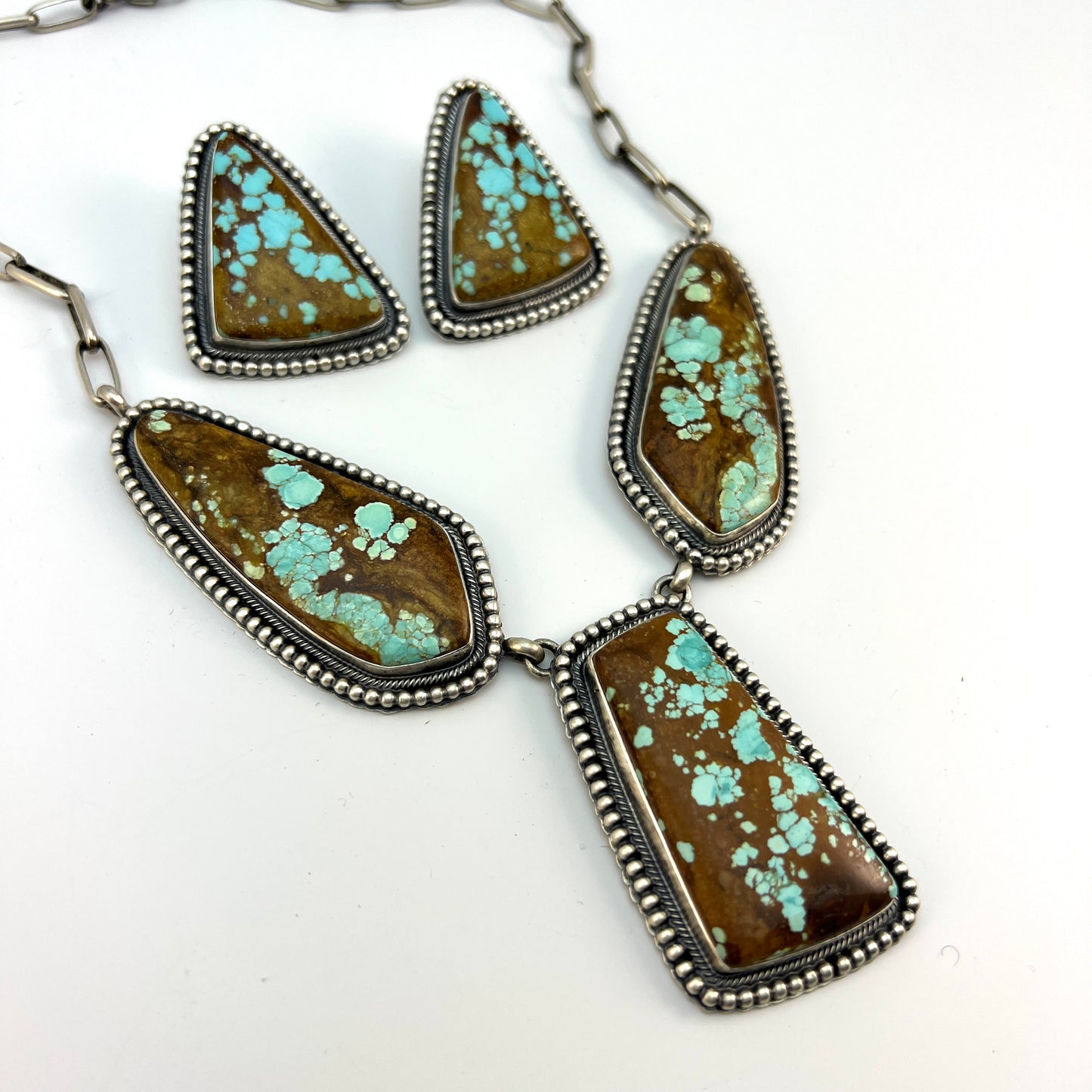 #8 Turquoise Station Necklace Earrings Set Sterling Silver Navajo Darrin Livingston 642