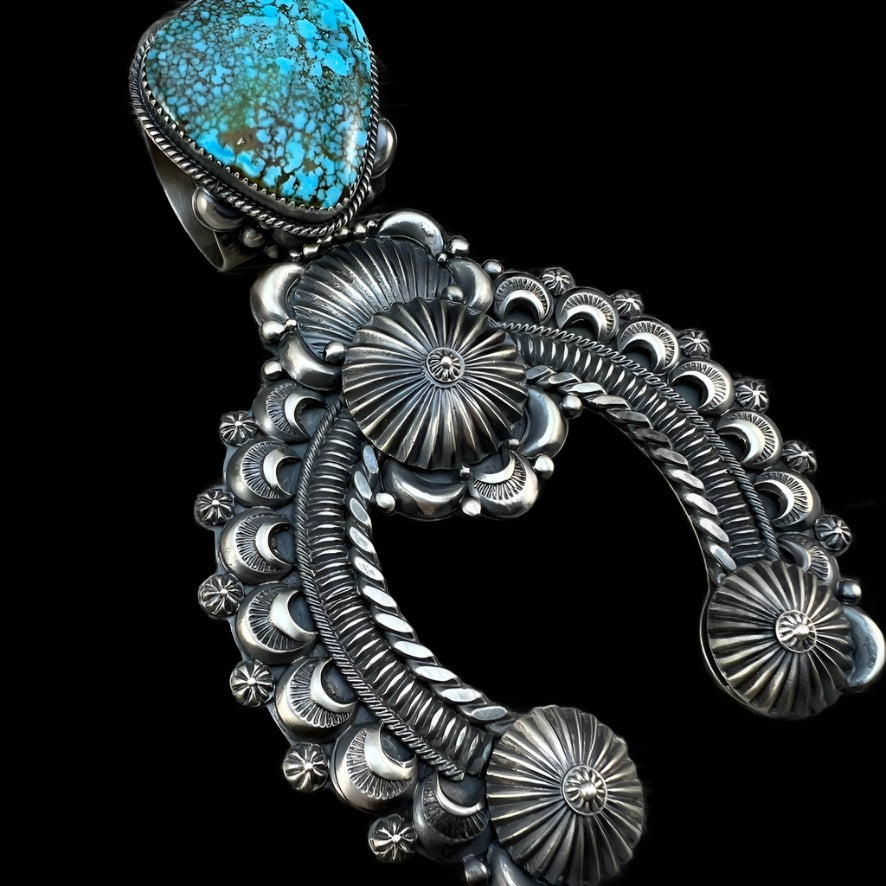 Outstanding High Grade Kingman spiderweb turquoise Naja Pendant, sterling silver,  Navajo handmade, Delbert Gordon, signed