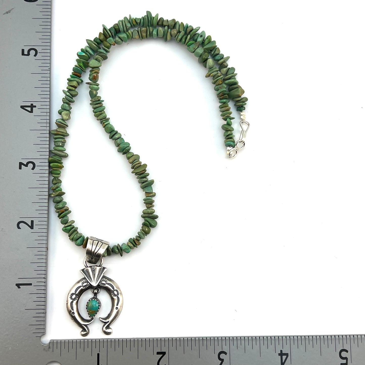 17" green turquoise nugget necklace Sterling silver naja pendant Navajo Sharon McCarthy 643