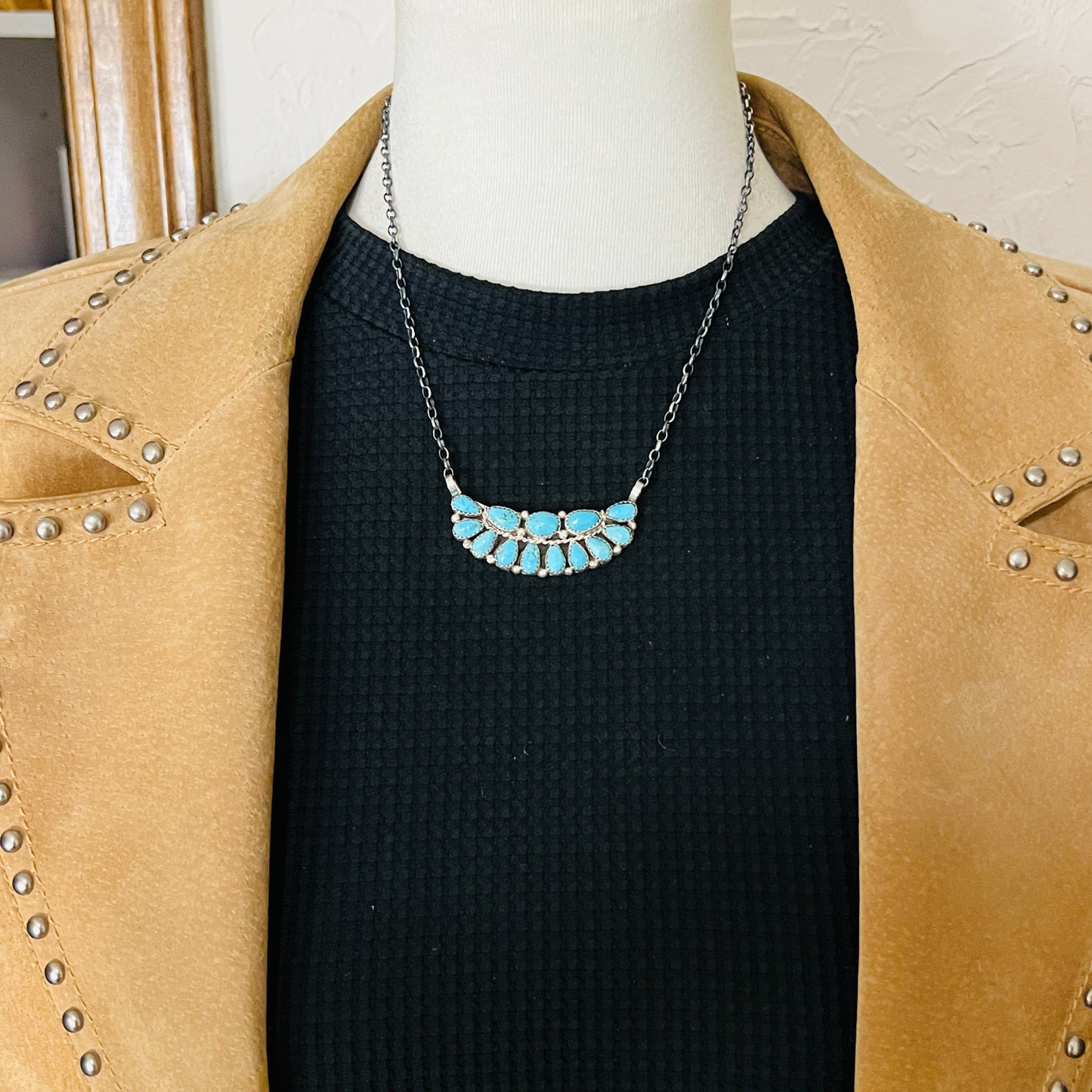 17 1/2" Turquoise Petit Point Cluster necklace Eunice Wilson Sterling silver