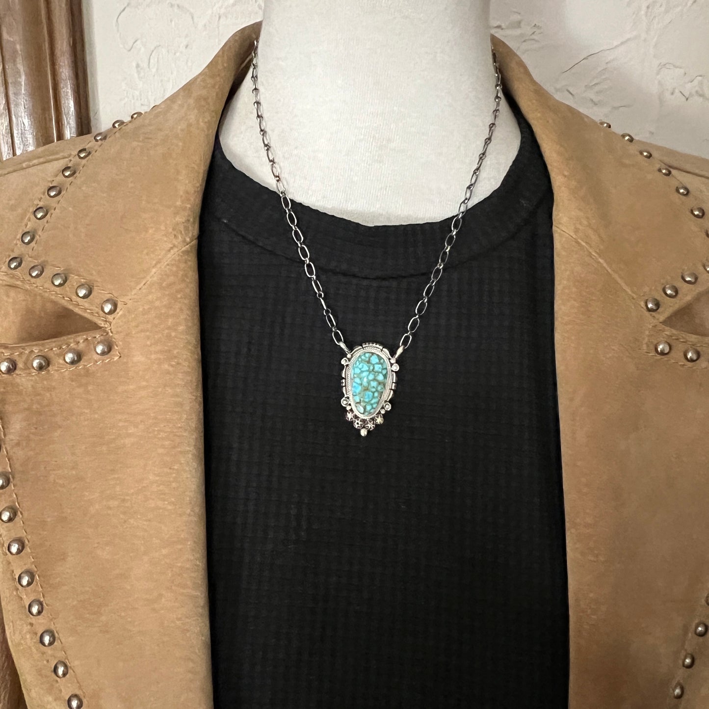 18" Kingman Spiderweb Turquoise Necklace Sterling silver Navajo Daniel Benally 603