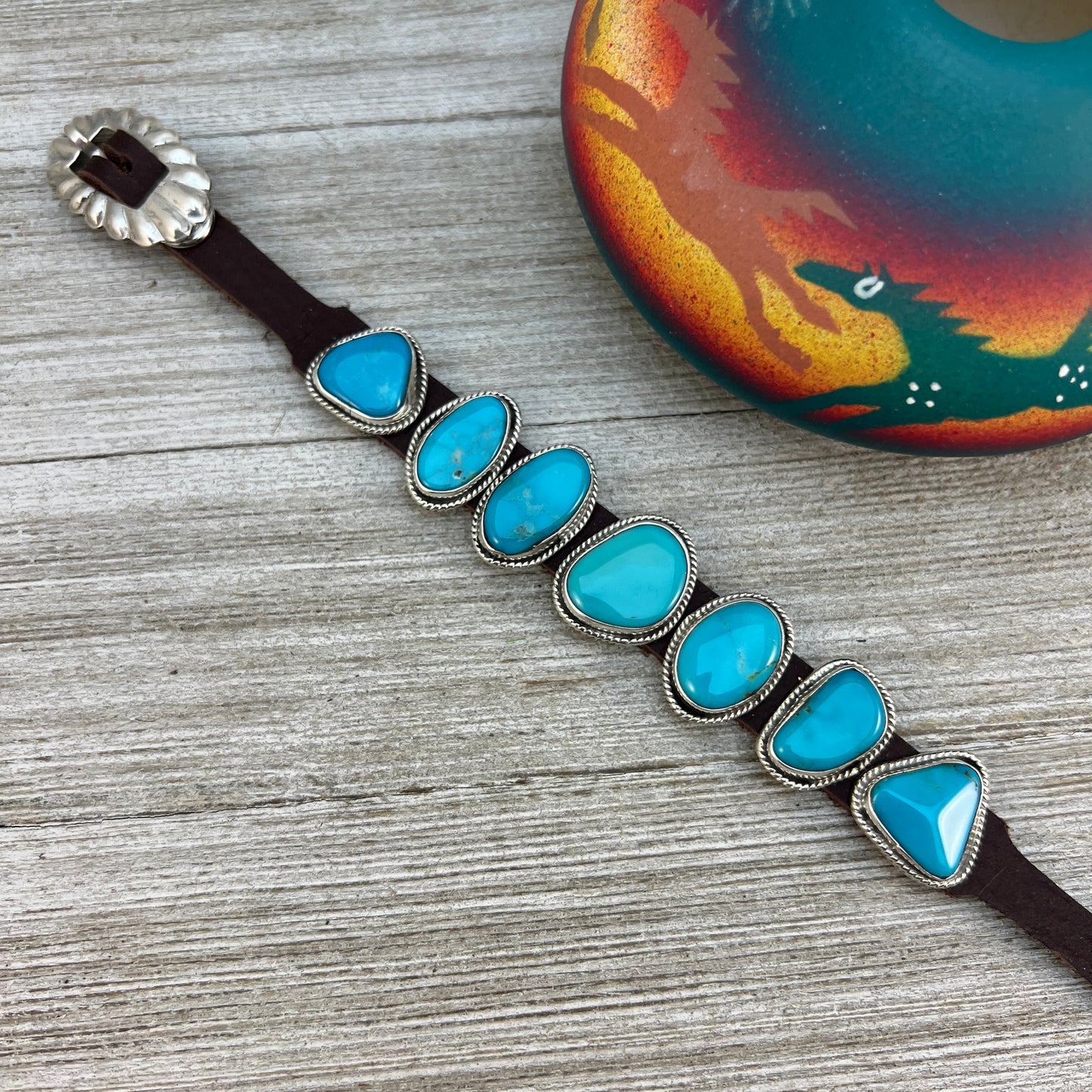 Real Turquoise leather Sterling silver bracelet #2, adjustable Navajo Marlene Ramone