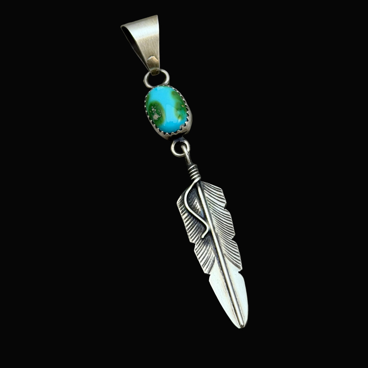 Sonoran Gold Turquoise sterling silver Feather Pendant Chris Charley Navajo PD3