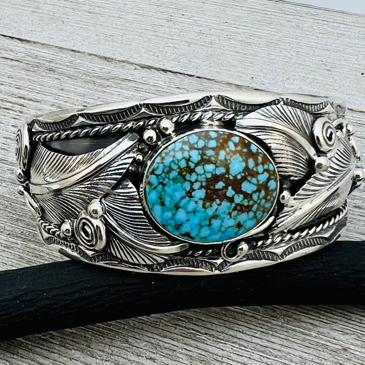6 1/4" Kingman Spiderweb Turquoise floral cuff bracelet sterling silver Darrell Morgan BR3