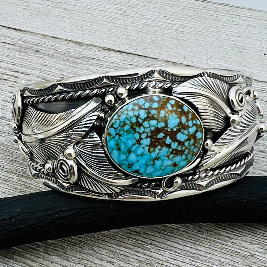 6 1/4" Kingman Spiderweb Turquoise floral cuff bracelet sterling silver Darrell Morgan BR3