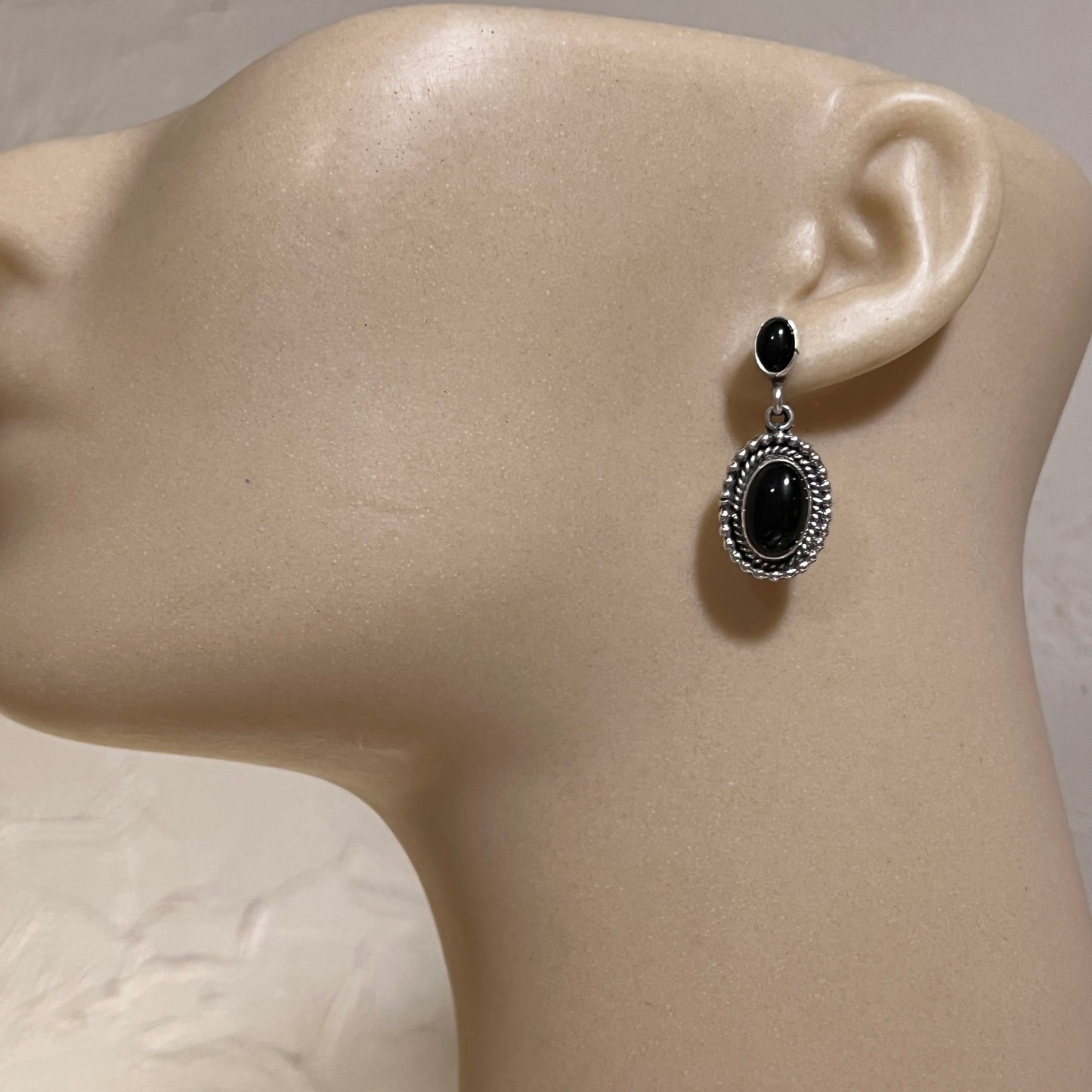 Modern Black Onyx post drop earrings, sterling silver Navajo, Verley Betone