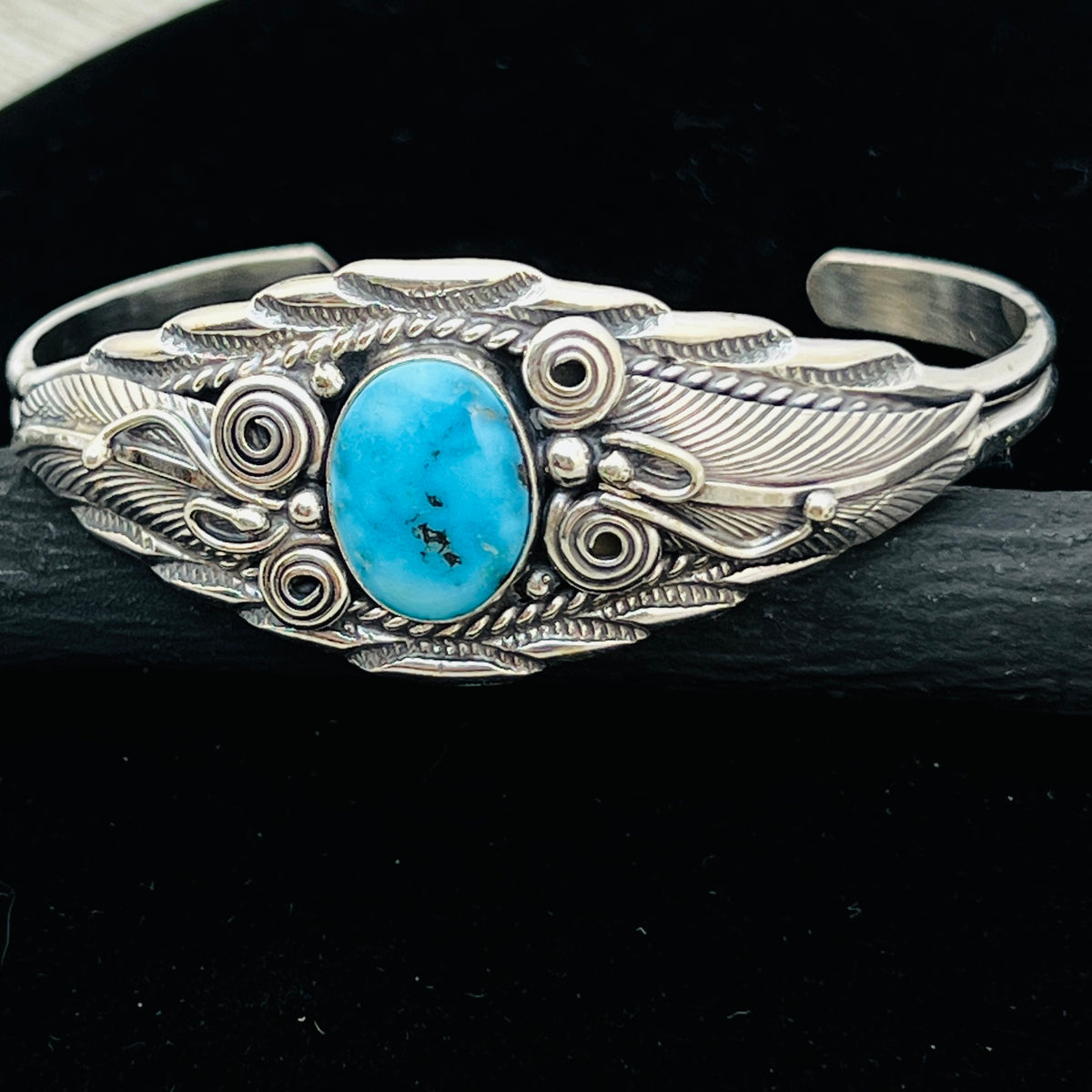 6 1/8" Stamped Navajo sterling silver Turquoise cuff bracelet Darrell Morgan BR77