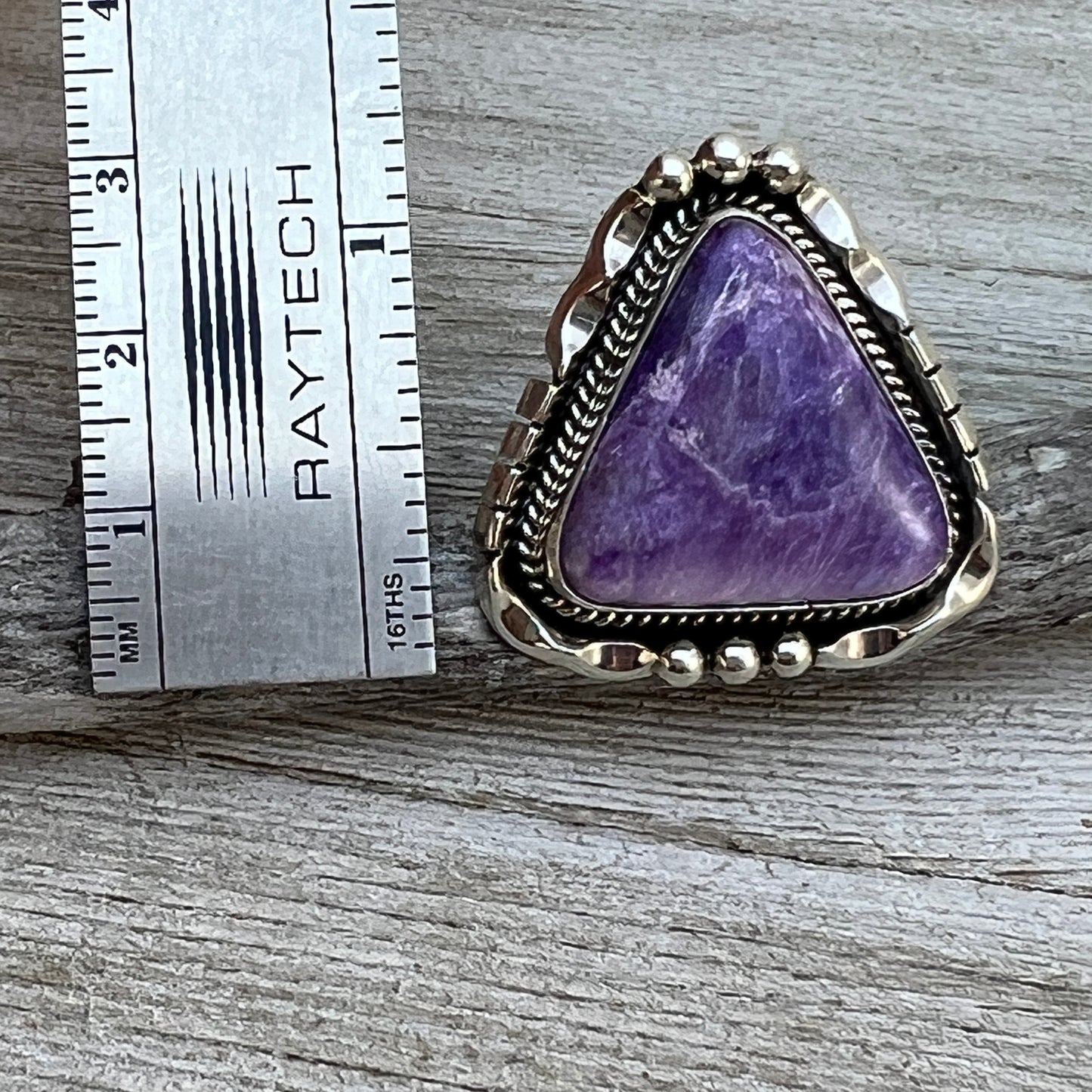 Size 8 3/4” Charoite sterling silver handmade ring #14 Navajo Samuel Yellowhair