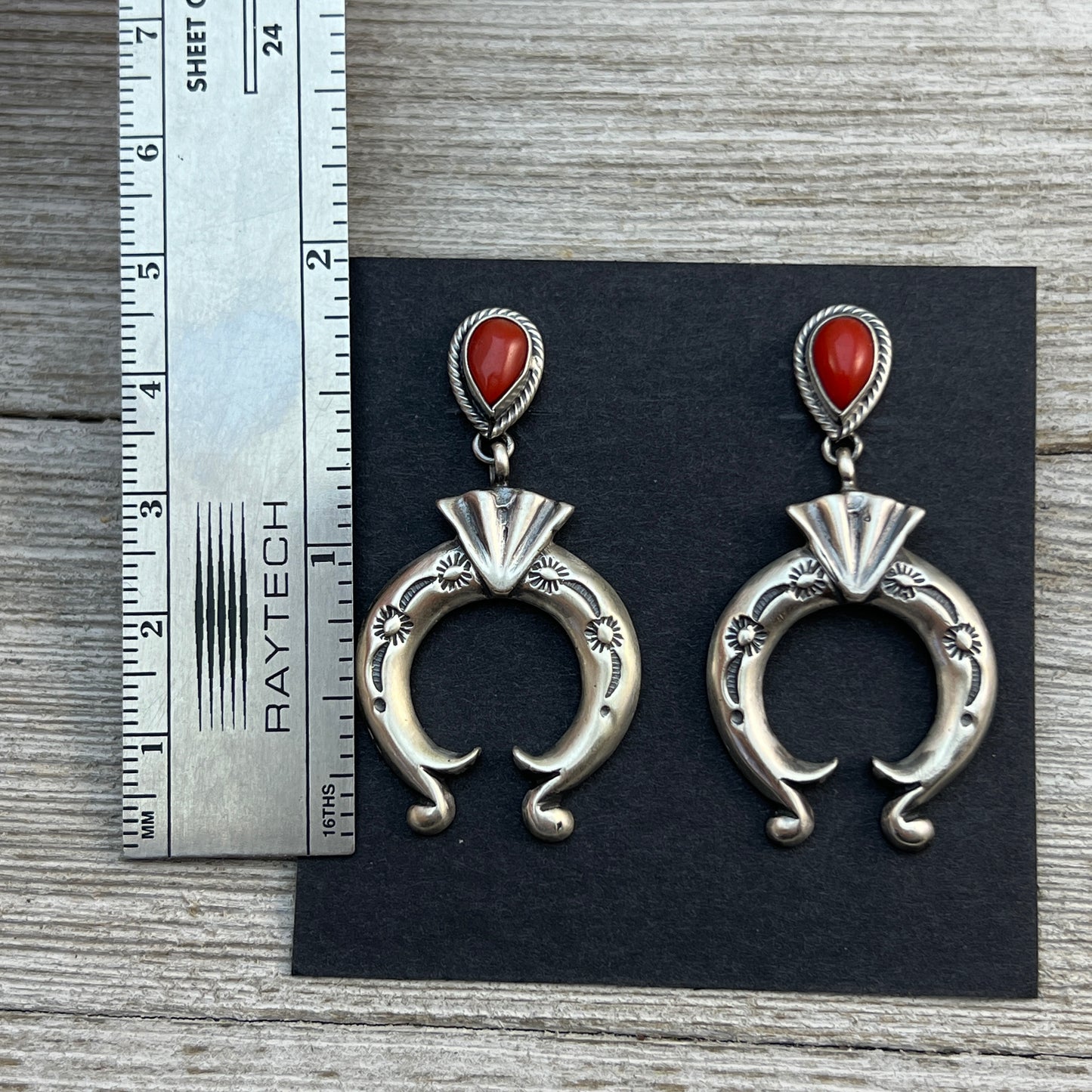 Red Mediterranean Coral Naja Earrings, Navajo Verley Betone Sterling Silver