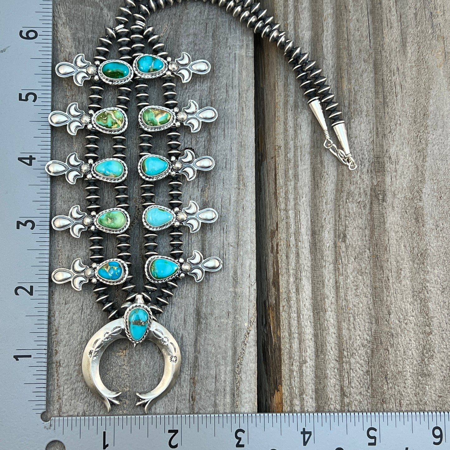 Sonoran Green Turquoise Small Squash Blossom Necklace Adrienne Gordon Navajo 514