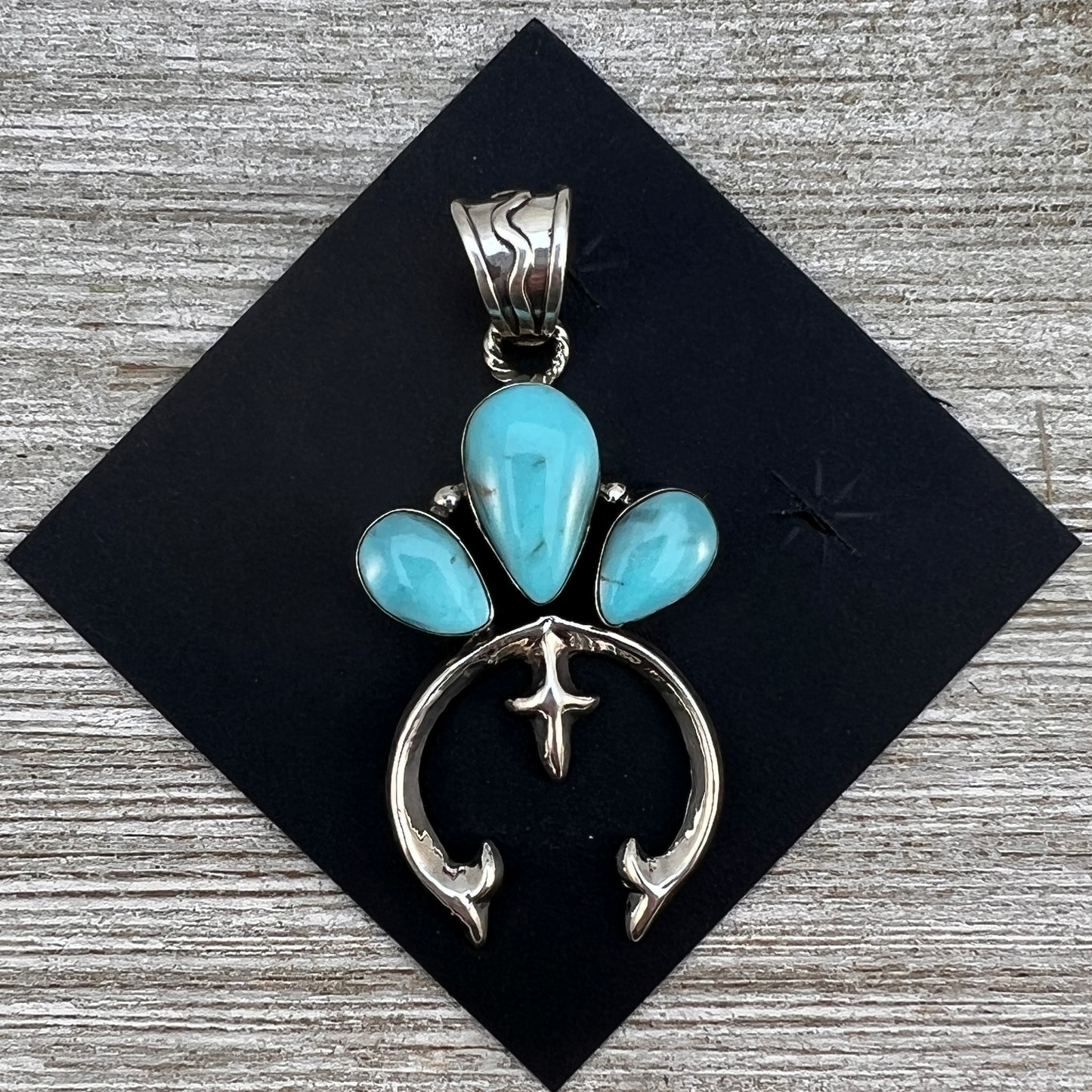 Blue Campitos Turquoise Naja Pendant 3, Navajo handmade Irvin Tsosie sterling silver