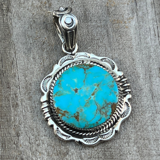 Kingman Turquoise Pendant Sterling silver Navajo handmade Jeremy Delgarito 557