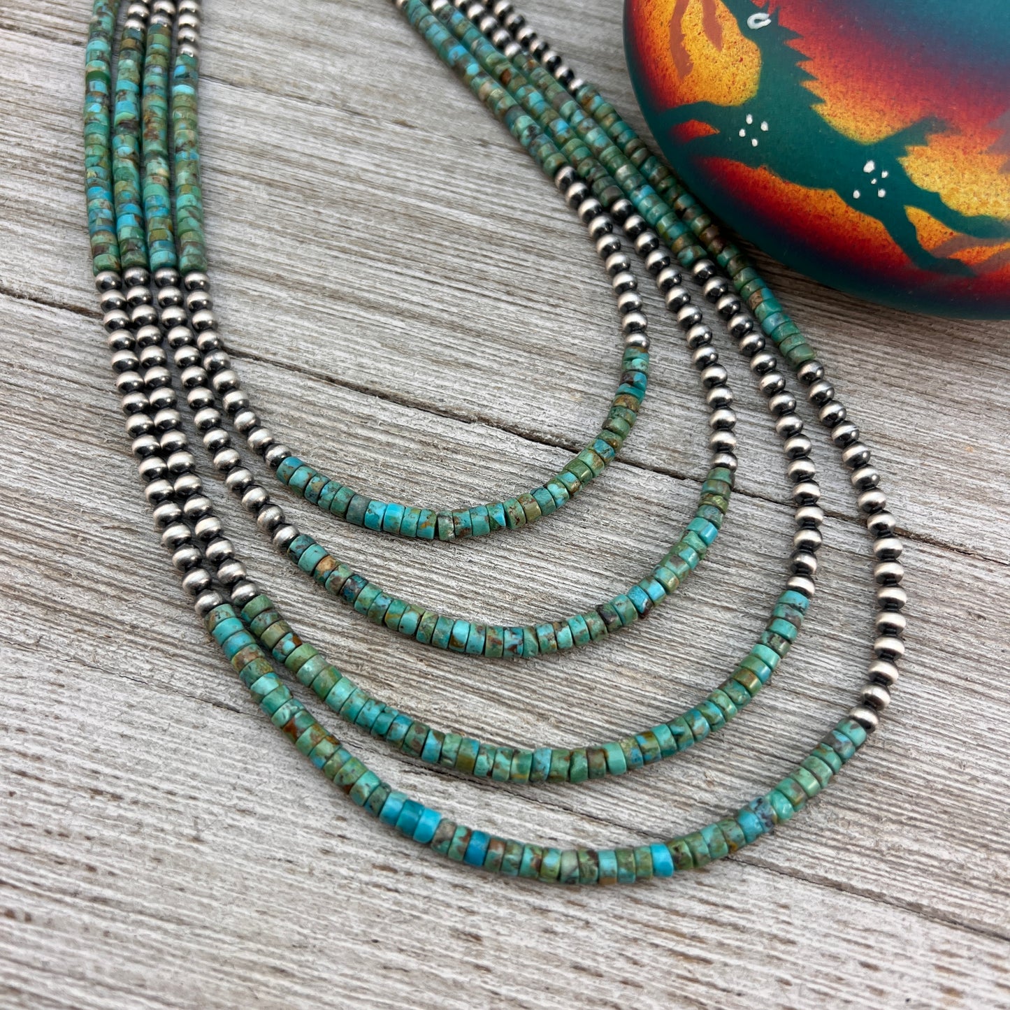 4mm Kingman Turquoise Heishi Necklace with Sterling silver Oxidized Pearls, Southwest Western Jewelry