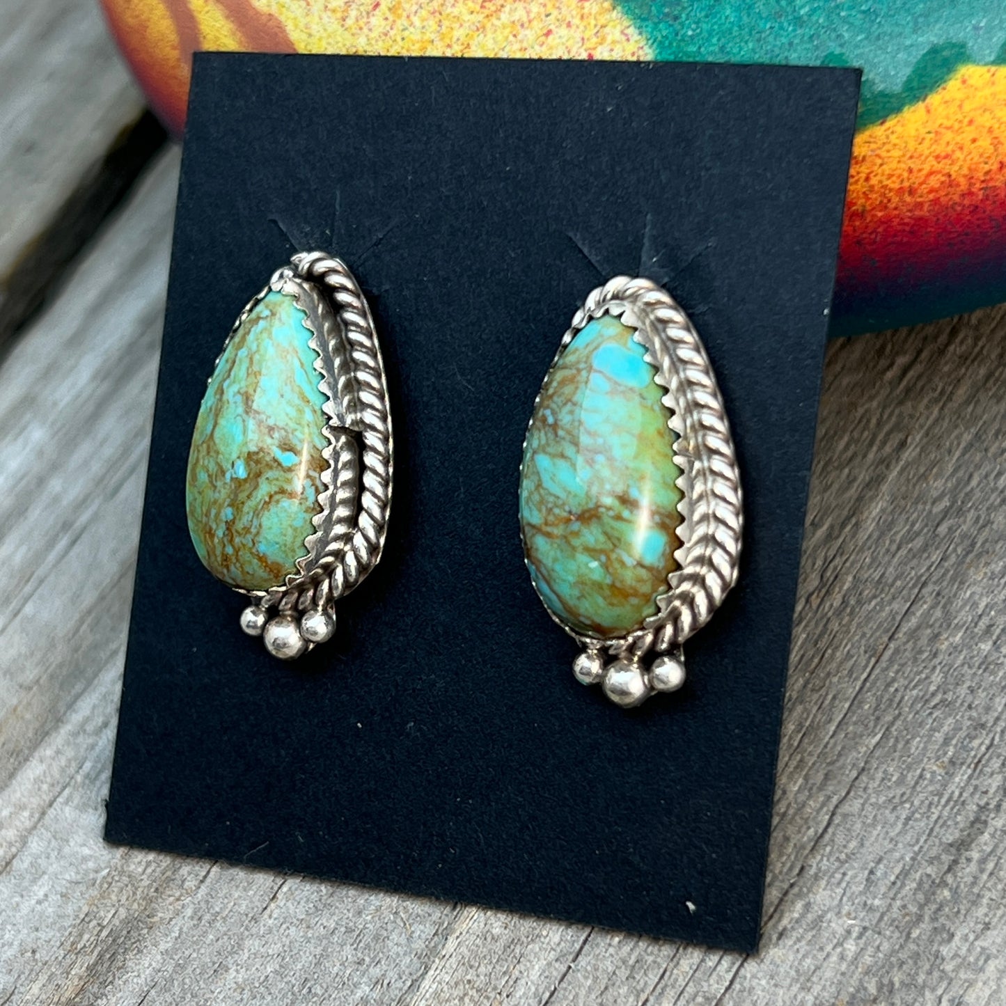 Green Kingman Turquoise Teardrop stud earrings sterling silver Theresa Smith Navajo 721