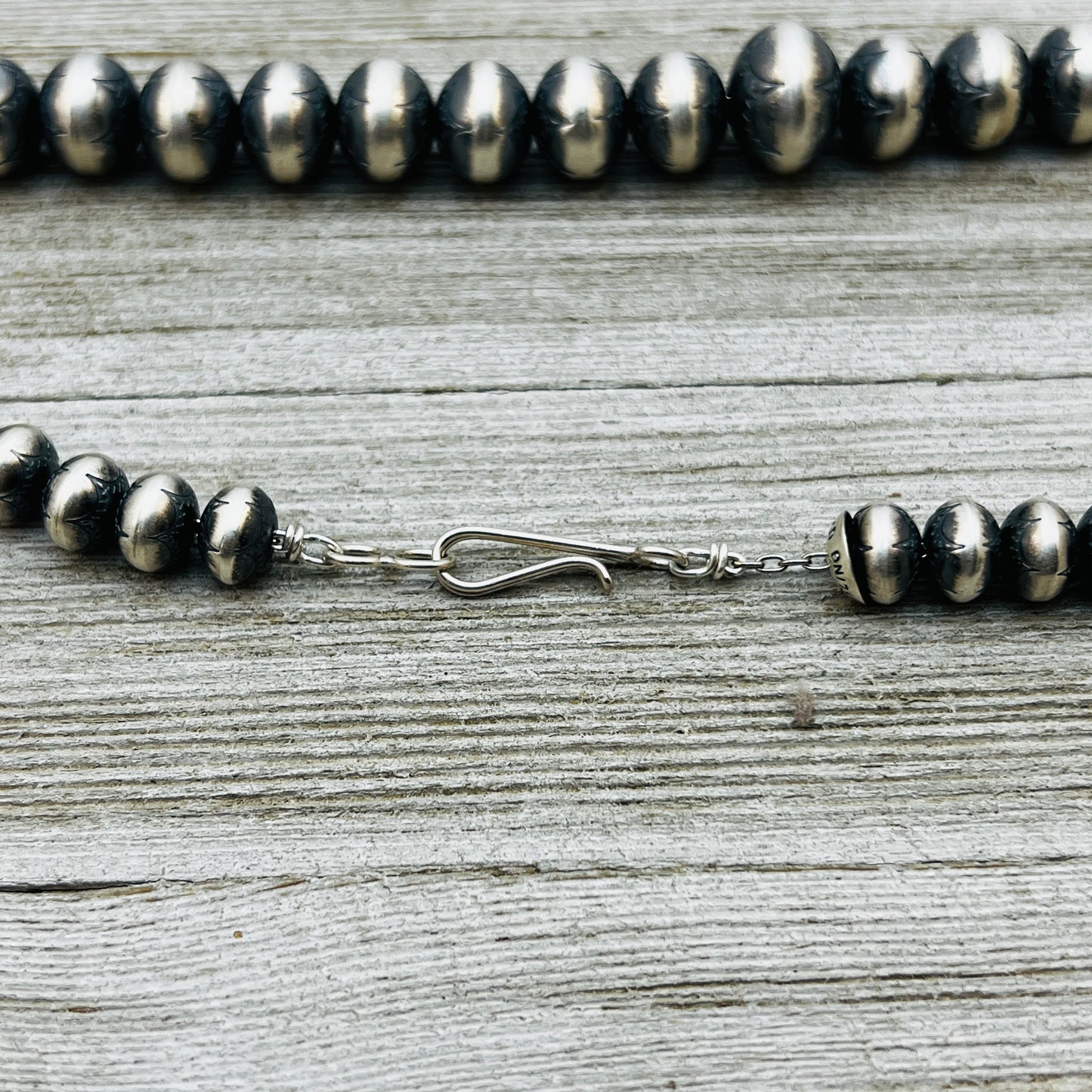 18" Sterling silver handmade Navajo Pearl Graduated stamped bead necklace Bryannen Halwood signed