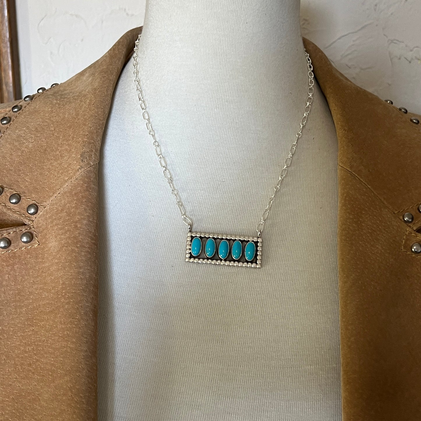 18" Blue Campitos turquoise rectangle bar necklace #4, Navajo handmade, sterling silver