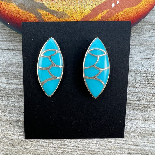 Zuni inlay turquoise fish scale design, marquis stud earrings, sterling silver, Orena Leekya