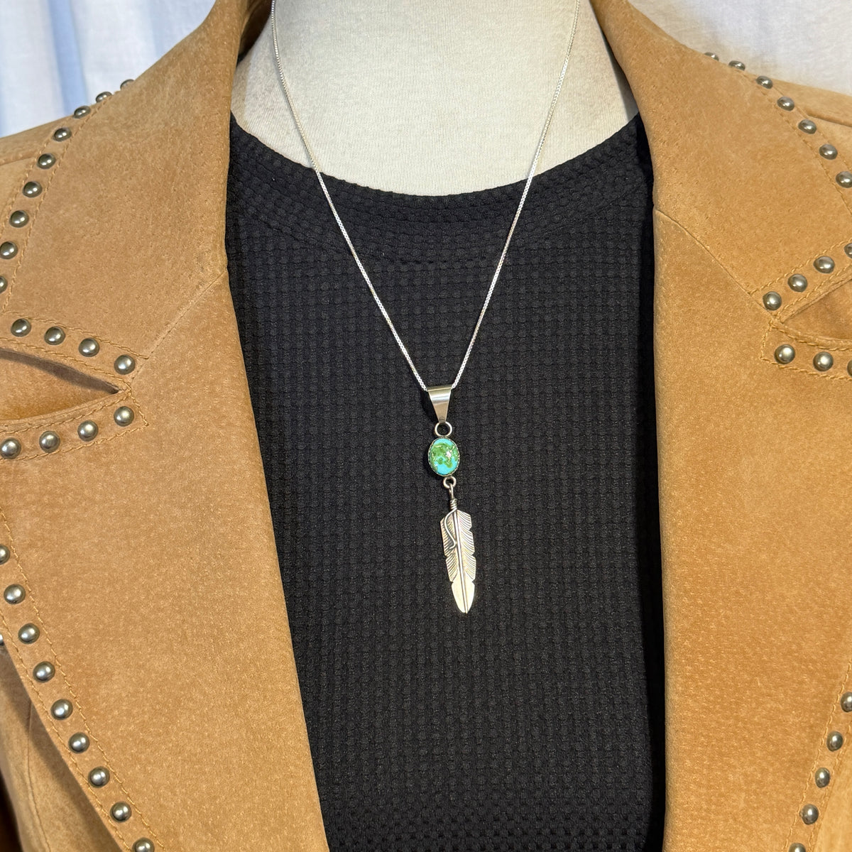Sonoran Gold Turquoise sterling silver Feather Pendant Chris Charley Navajo PD2