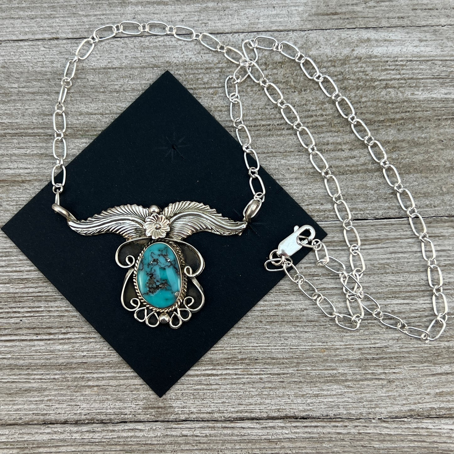 19" Floral leaf work necklace Kingman Turquoise, sterling silver, Navajo handmade by Sadie Jim