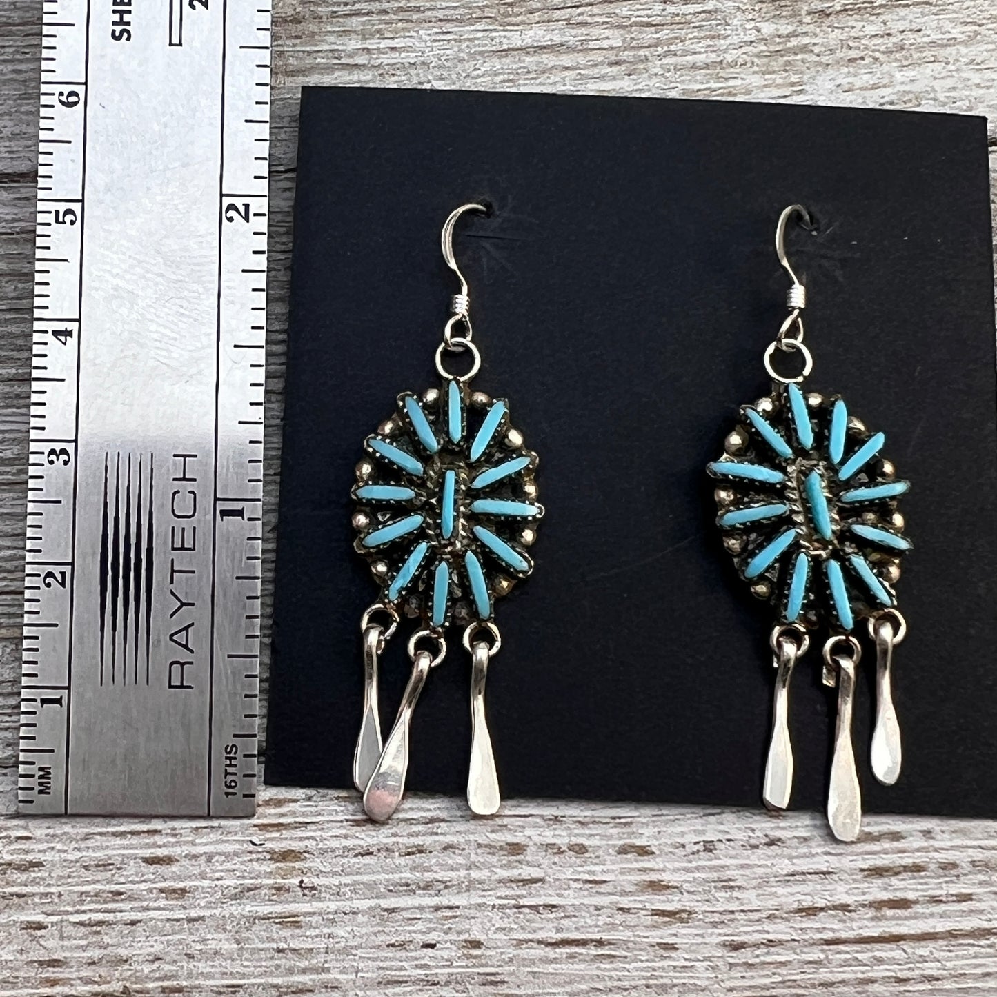 Zuni Turquoise Needlepoint cluster dangle earrings, George Pelina sterling silver