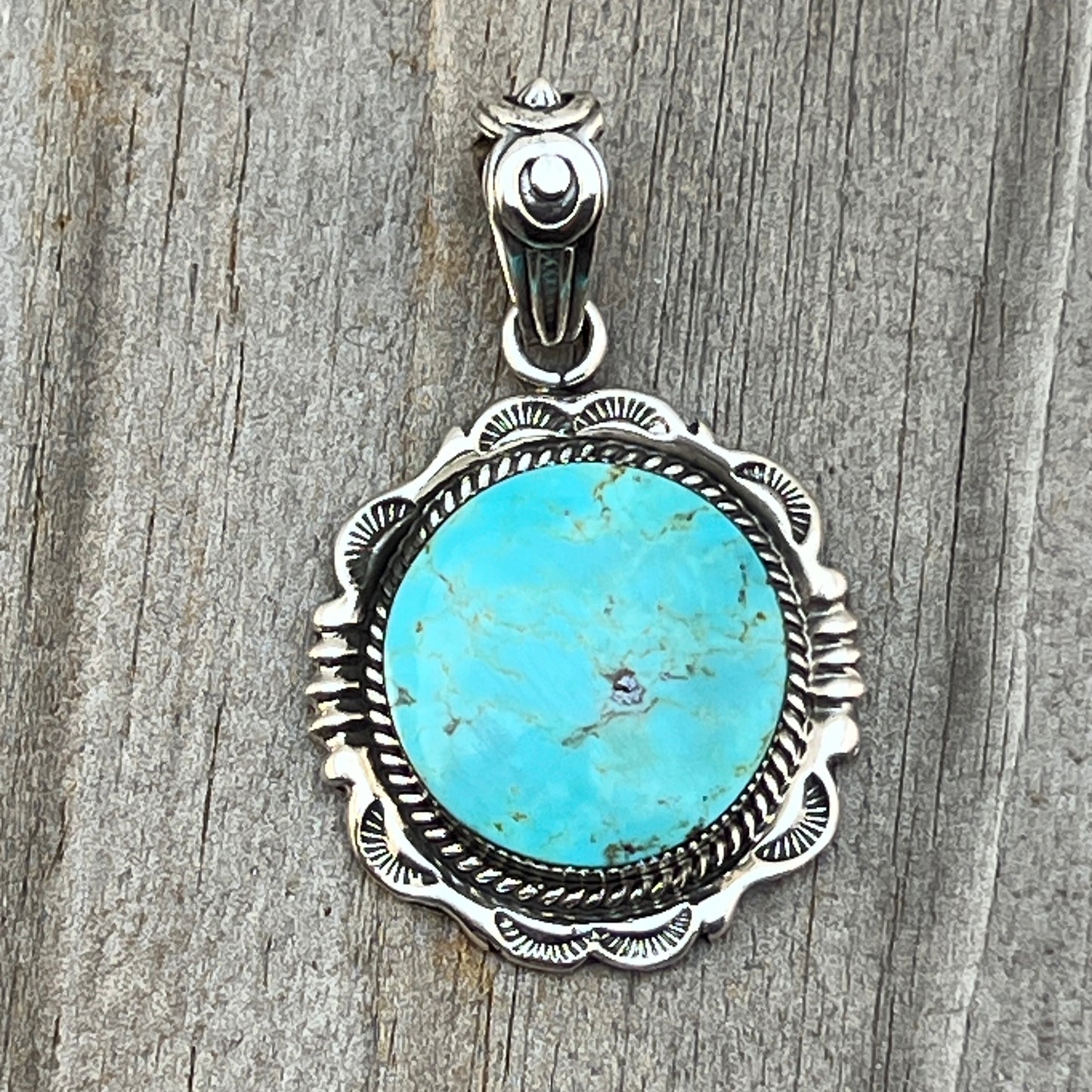 Kingman Turquoise Pendant Sterling silver Navajo handmade Jeremy Delgarito 761