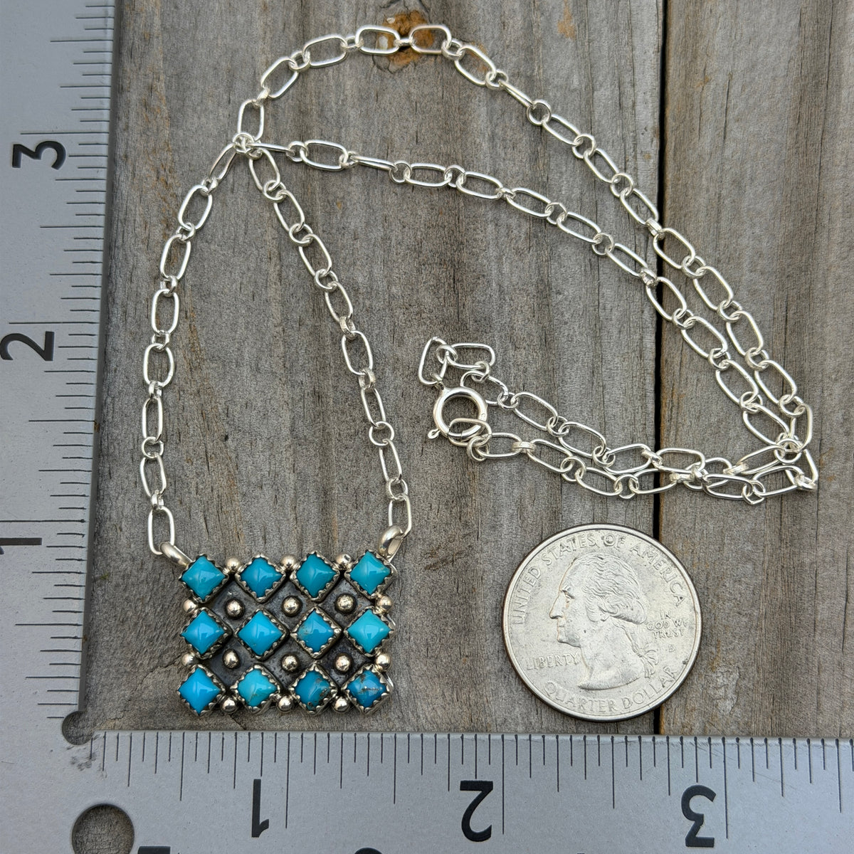 18 1/2" Turquoise Square Station Necklace Navajo Sterling Silver Verley Betone 2