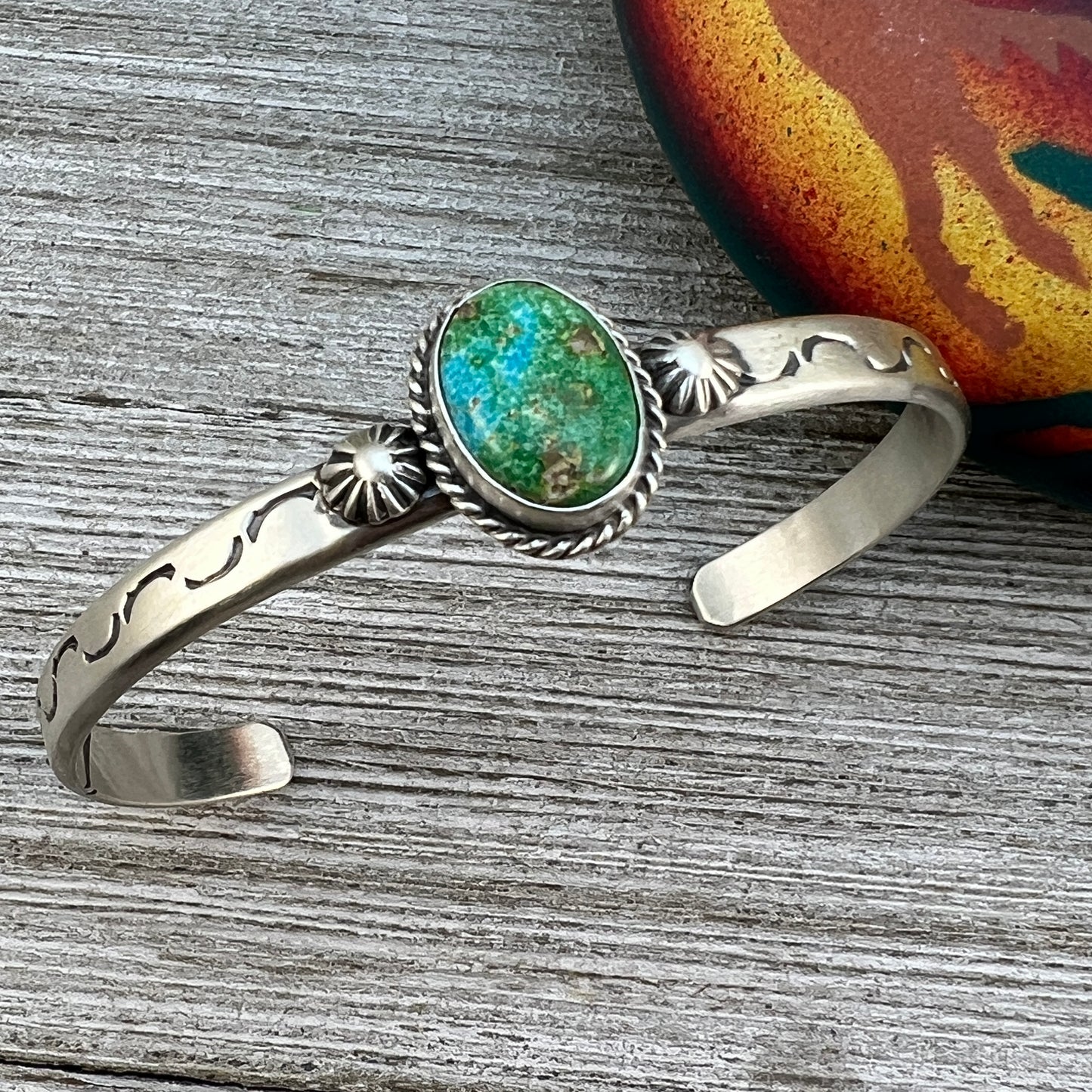 6 1/2" Green Sonoran Turquoise stacker Cuff bracelet 1, Sterling Silver Samuel Yellowhair BOHO