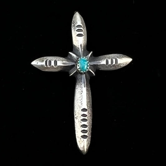 Narrow Turquoise Cross Pendant Sterling Silver Navajo handmade Martha Cayatineto