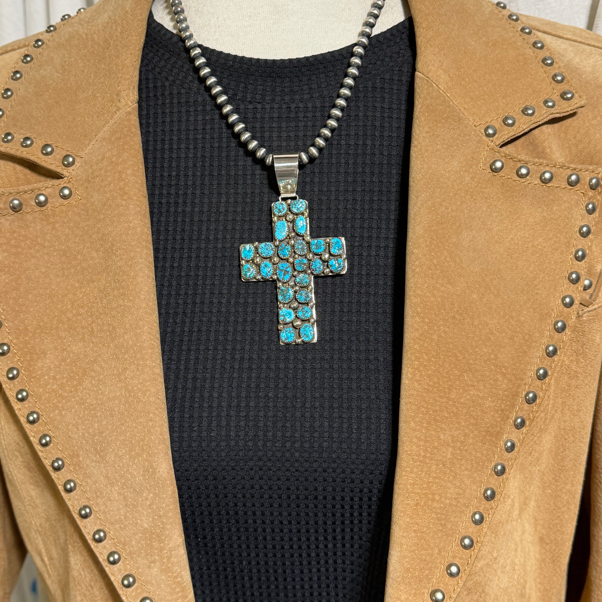 Kingman Turquoise Cross Pendant Melvin Jones Navajo handmade Sterling silver PD1