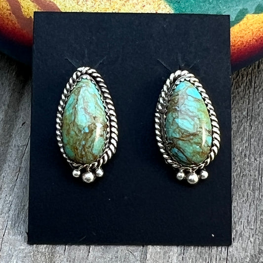 Green Kingman Turquoise Teardrop stud earrings sterling silver Theresa Smith Navajo 721