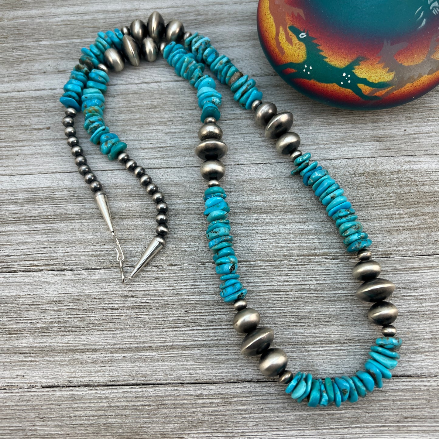 30" long blue turquoise bead nuggets necklace, sterling silver handmade Navajo pearls